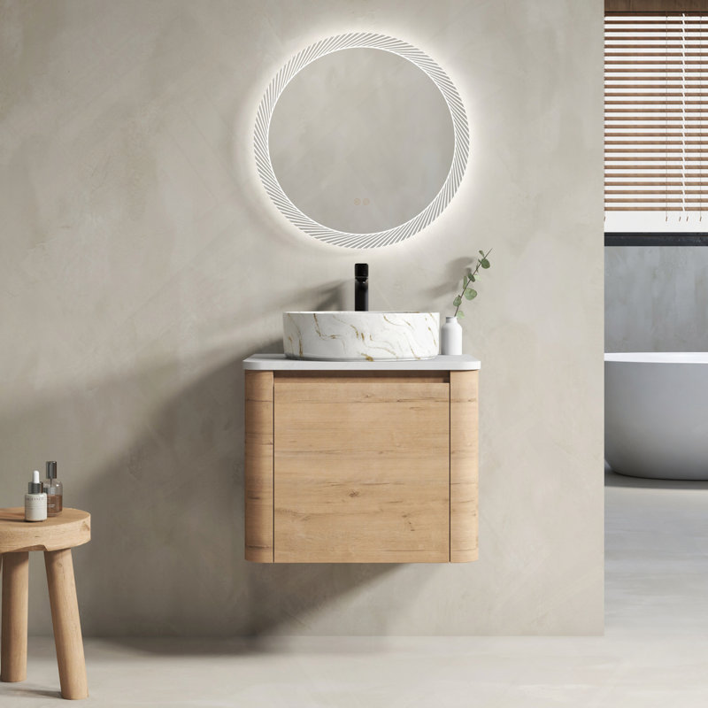 Meuble-lavabo mural avec lavabo d'art en céramique et porte à fermeture en douceur, Imitation chêne