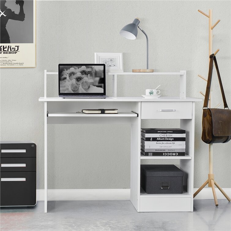 Computer Desk with Drawers, White Home Office Desk with Hutch, PC Desk  Writing Table with Storage for Small Spaces, White