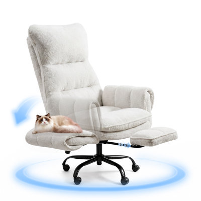 Big and Tall Office Chair, Flip Armrests for Pets & Cross Legged Sitting, Executive Ergonomic Computer Gaming Chair with Foot Rest, Teddy Fleece Wide Seat Reclining Desk Chair