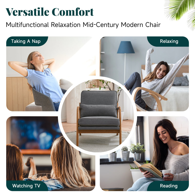 Fauteuil d'appoint rembourré en bois massif Lemley Mid Century, Mélange de lin gris