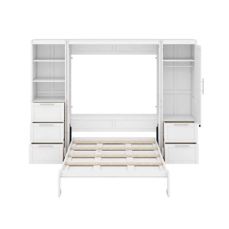 Grand lit escamotable avec tiroirs et tablettes, Blanc