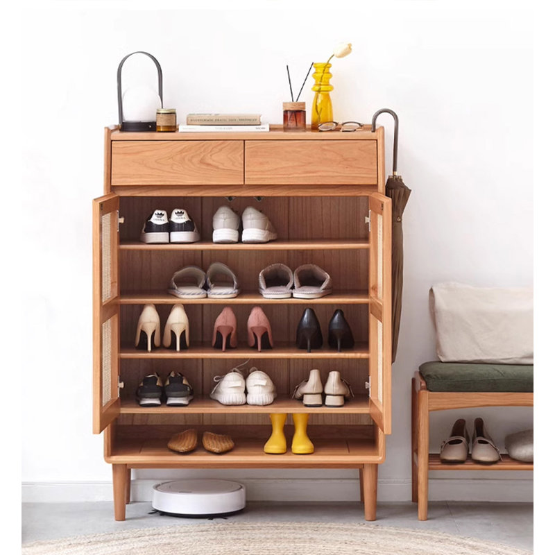 Range-chaussures en osier et bois de cerisier de style rétro