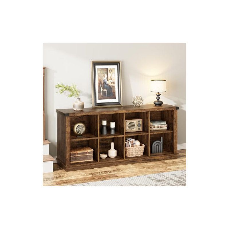 8 Cube Storage Organizer Bookshelf, Farmhouse Horizontal Bookcase, 62 in Wood Storage Bookcase for Entryway, Brown