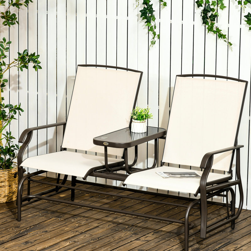 Banc de balançoire en métal avec table centrale et cadre en métal beige