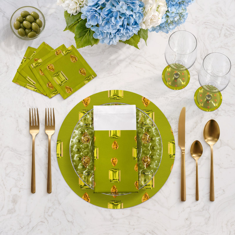 Gem Emeralds Vegan Leather Round Pebble Placemat, Acid, Peridot