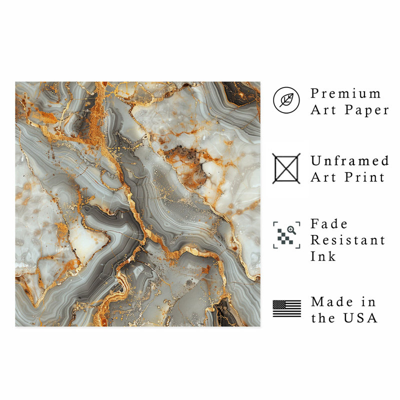 «Abstract Golden Grey Geode I», reproduction d'art moderne sans cadre, H 16 po x l 16 po