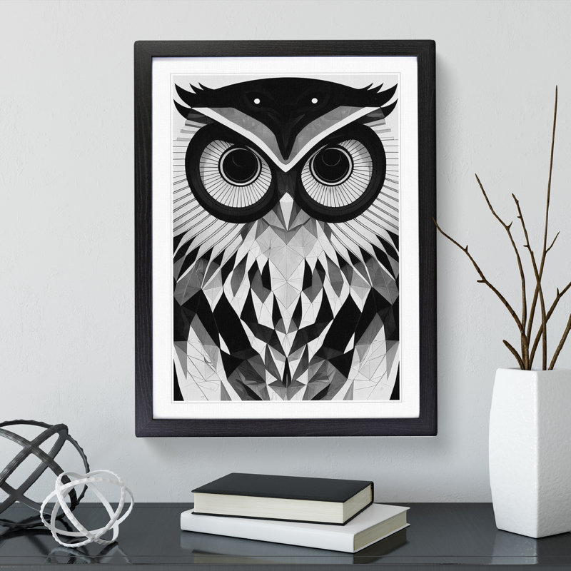 Owl Monochrome - Framed Print, Black, 64cm H x 46cm W x 2cm D