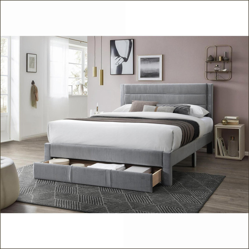 Grand lit plateforme tapissier en velours côtelé avec tiroir de rangement, gris - aucun sommier nécessaire pour la chambre principale