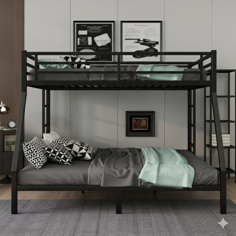 Lit superposé en métal en configuration grand lit pour très grand lit pour adolescents et adultes. Conception peu encombrante et peu bruyante qui ne nécessite pas de sommier tapissier. Finition noire.