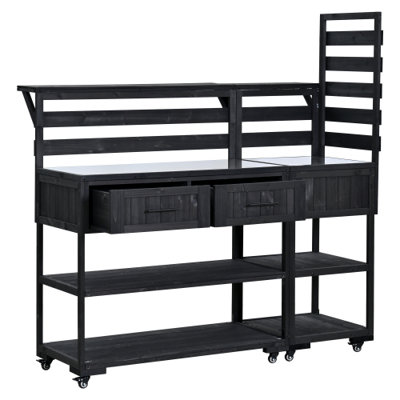 TOPMAX 62.3 Inch Patio Kitchen Island Solid Wood Cart with Stainless Top and Garden Potting Bench, Black