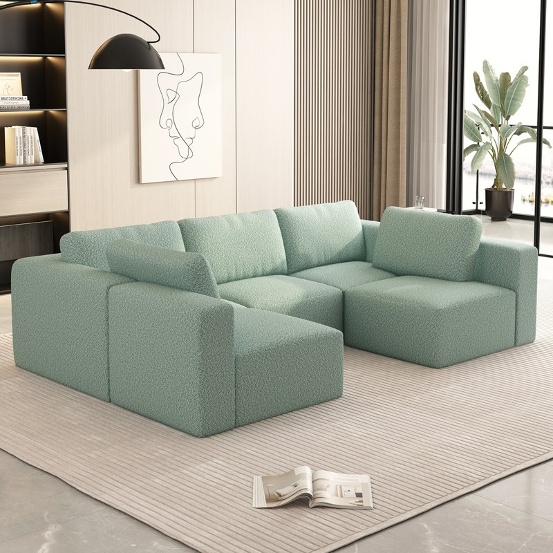 Light Green Fabric Modular Sectional Sofa with Ottoman