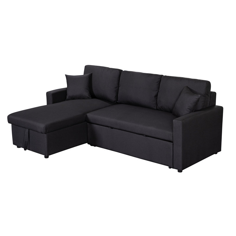 82"W Black Linen Fabric Reversible Sleeper Sectional Sofa With Storage Chaise