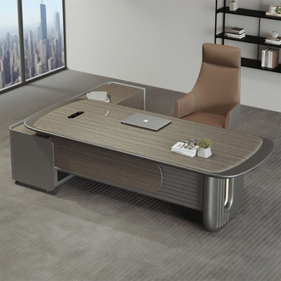 62.99" Modern Interstellar-Style Executive Desk – Munich Wood-Grain Thermoformed Top with Semi-Ring Legs, Built-in Wireless Charging  Large-Capacity