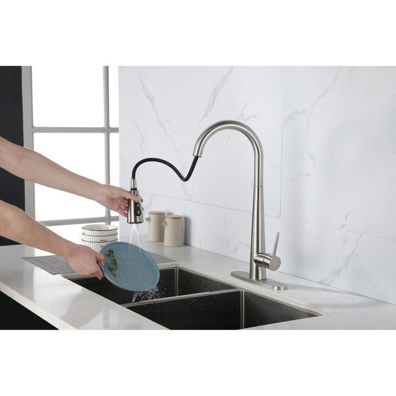 Robinet de cuisine rétractable en acier inoxydable avec plaque de pont - Nickel brossé, poignée simple à grande arche, évier moderne en acier, caractéristique