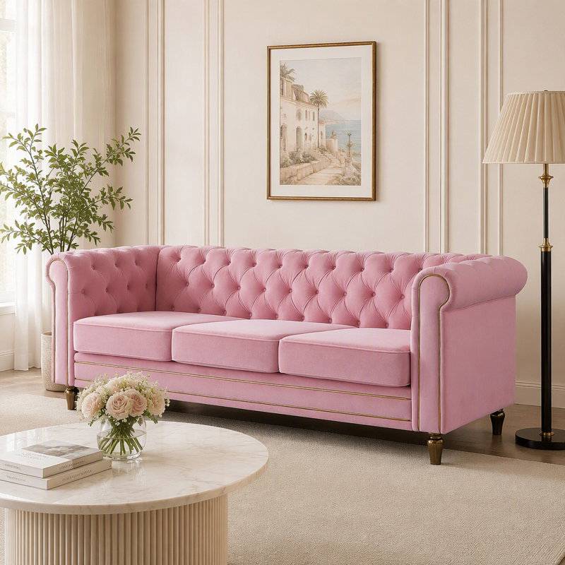 Canapé Chesterfield en velours de couleur rose pour salon 84,65 pouces