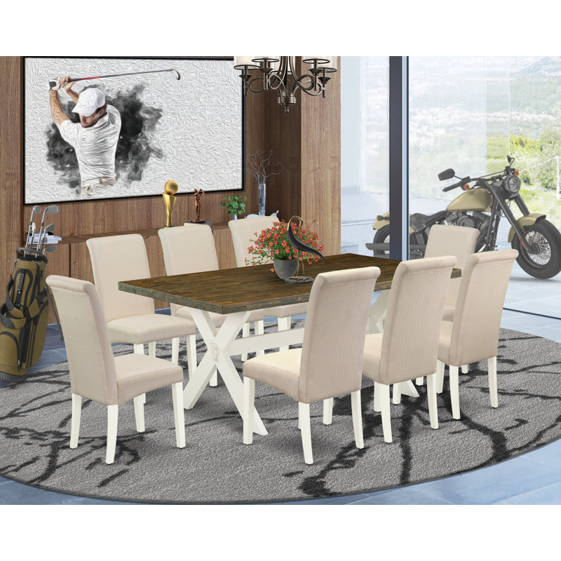 Ensemble de salle à manger 9 pièces comprenant une table de salle à manger rectangulaire avec pieds en X et 8 chaises Parson rembourrées en tissu crème, lin blanc