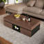 Table basse extensible rectangulaire avec compartiments de rangement, compartiments cachés et une tablette ouverte; Table basse de couleur noyer