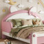 Lit plateforme tapissier pour enfant pleine grandeur en forme de chat, cadre de lit pour enfant à profil bas de style princesse, blanc et rose-1519745803
