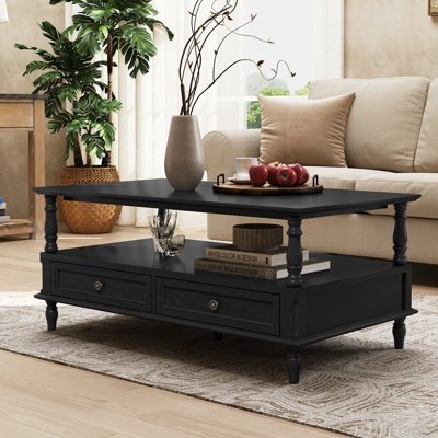 Coffee Table with Solid Wood Legs, Storage Drawers, and Open Shelf