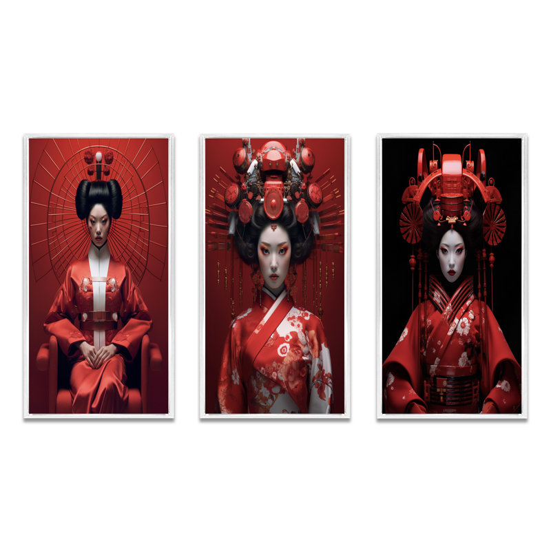 «Futuristic Japanese Geisha II», 3 pièces sur toile, Cadre flottant blanc, H 40 po x l 60 po