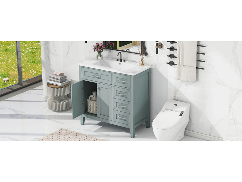 Ensemble de meuble-lavabo 36 po avec évier, armoire de salle de bain avec 5 tiroirs, structure solide et panneau en bois aggloméré