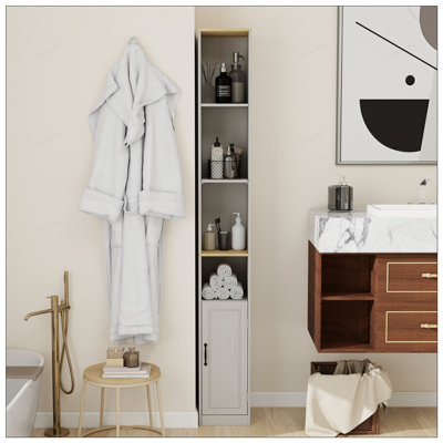 Armoire de rangement haute et mince avec 6 tablettes à niveaux, 1 porte et 2 tablettes réglables pour une utilisation efficace de l'espace et une esthétique moderne