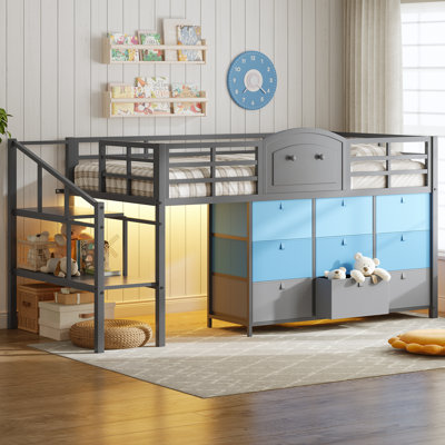 Low Loft Bed with 9 Drawers, Full Size Metal Loft Bed with LED Lights & Under-Bed Hideaway Space, Grey
