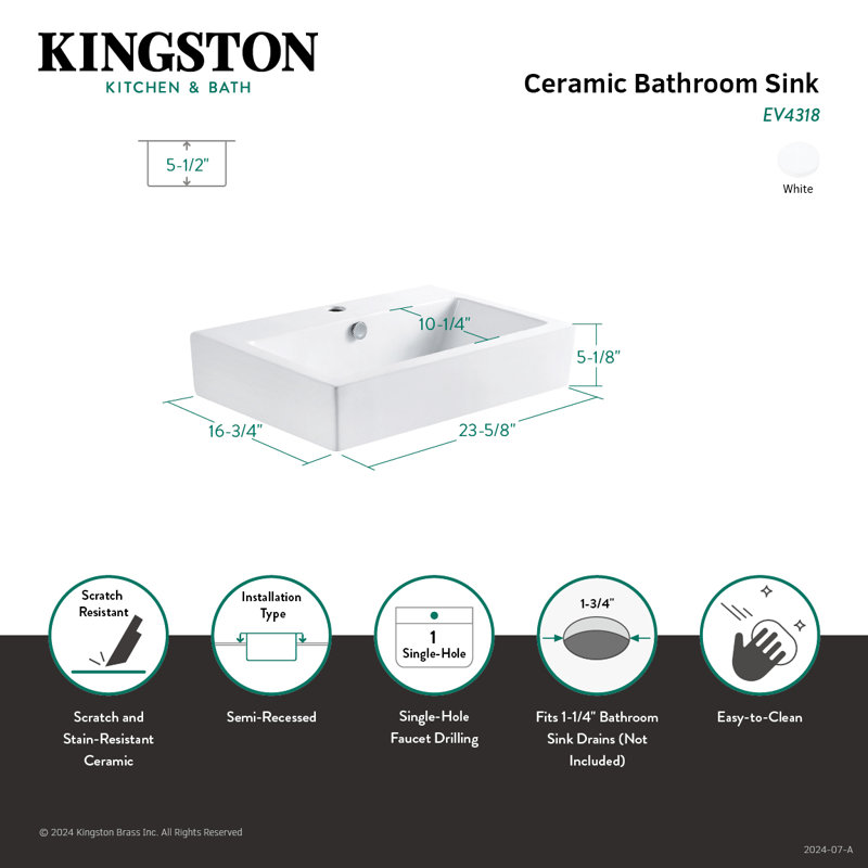 Kingston Brass Century Ceramic Bathroom Sink, White, Single Hole
