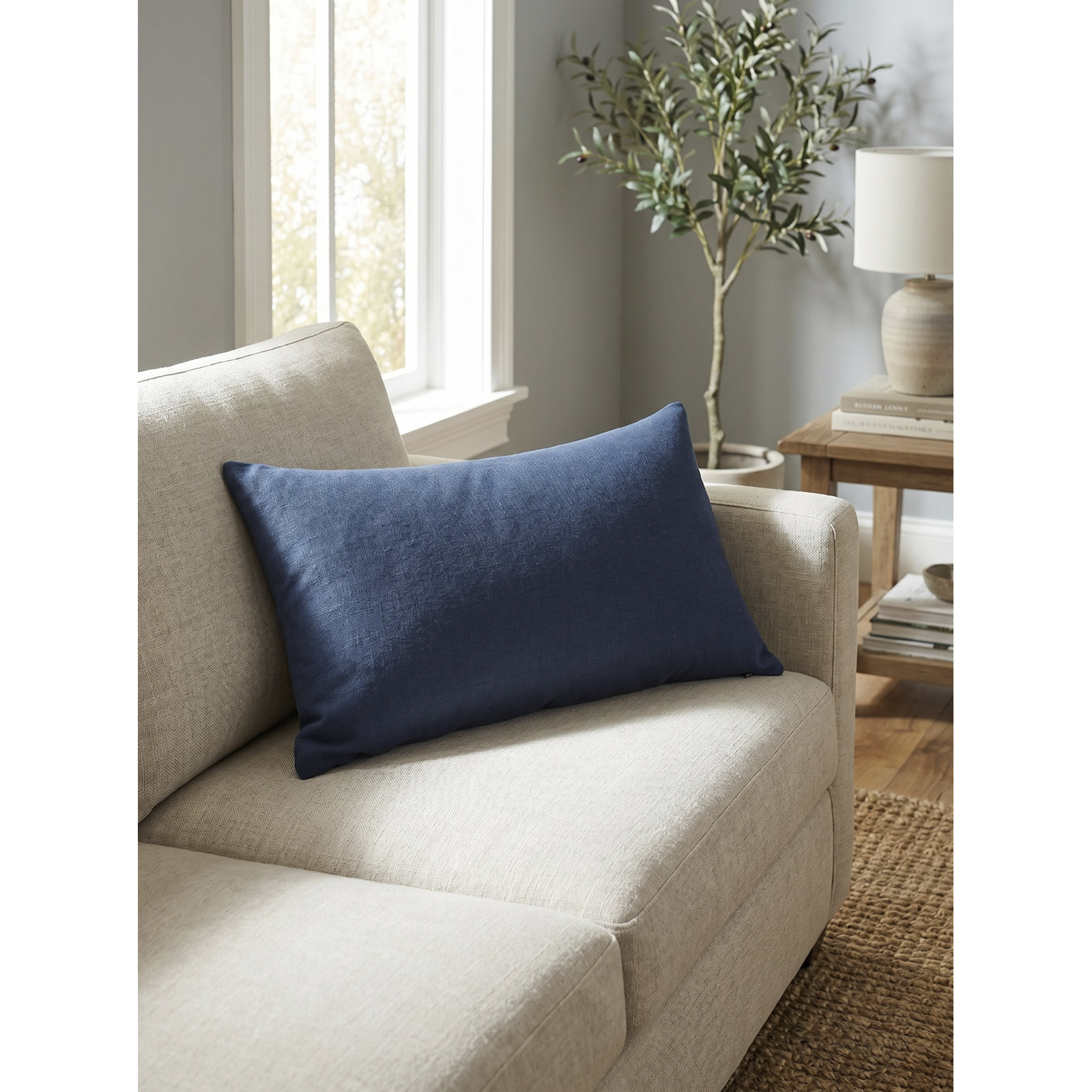 Lanie 22" x 22" Linen Pillow Cover, Rectangle 12"H x 21"W, Navy Blue