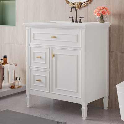 Meuble-lavabo autoportant de 30 po avec comptoir d'évier, armoire en bois massif et panneau de fibres à densité moyenne avec 1 tiroir rabattable et 2 tiroirs, tablette réglable, blanc