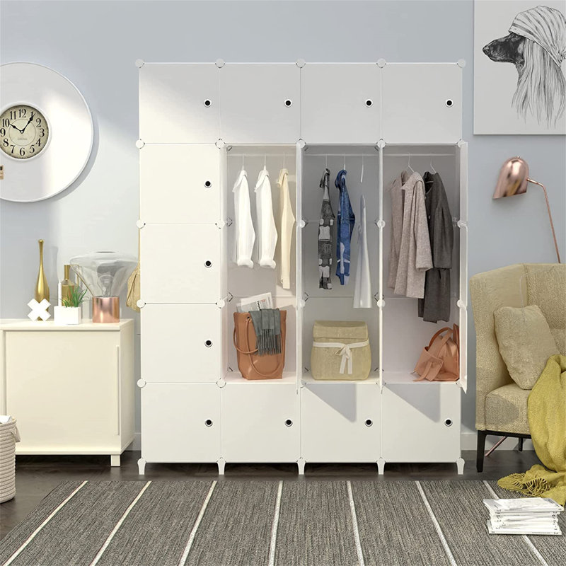 Portable Wardrobe Foldable Closet With 20 Compartments, Combination Armoire Modular Cabinet Clothes Storage Organizer Shelf With Clothes Hanging Rails For Bedroom