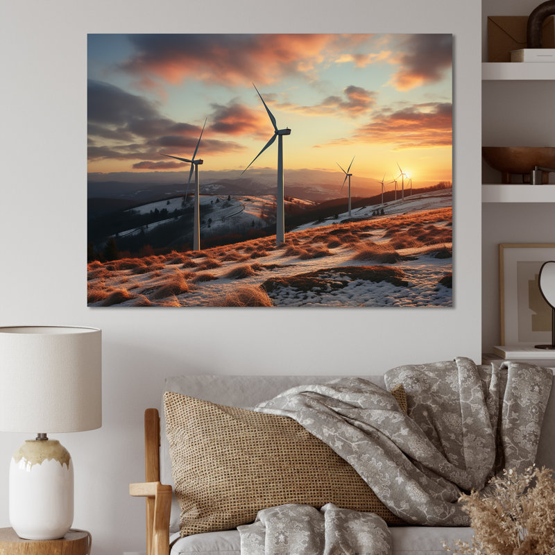 «Sunset Wind Turbines Mountain View II - Wind Turbines», art mural, H 12 po x l 20 po x P 1 po, Toile tendue
