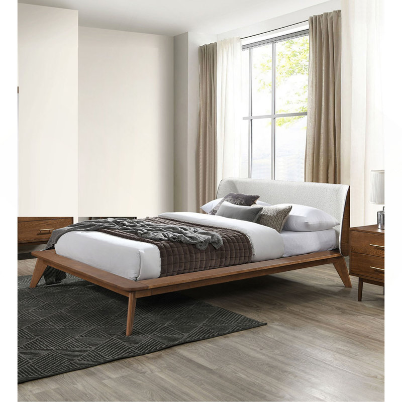 1Pc Fabric Winged Edge Headboard Platform Bedframe Mattress Ready Mid-Century Modern Style