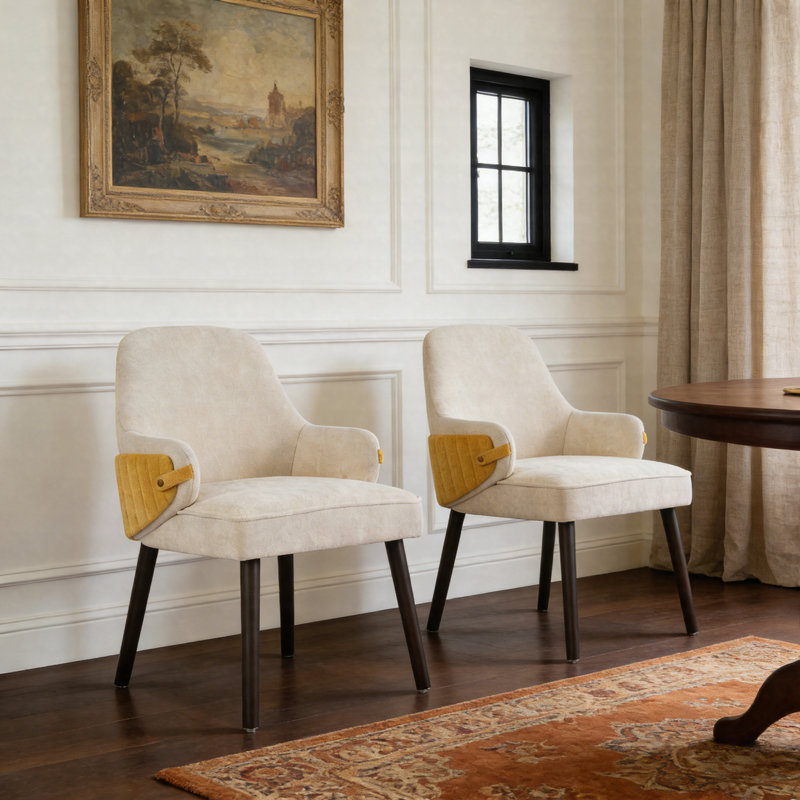 Dining Chairs Set Of 2, Two-Tone Upholstered Armchairs With Curved Back And Sturdy Frame, Beige/Yellow
