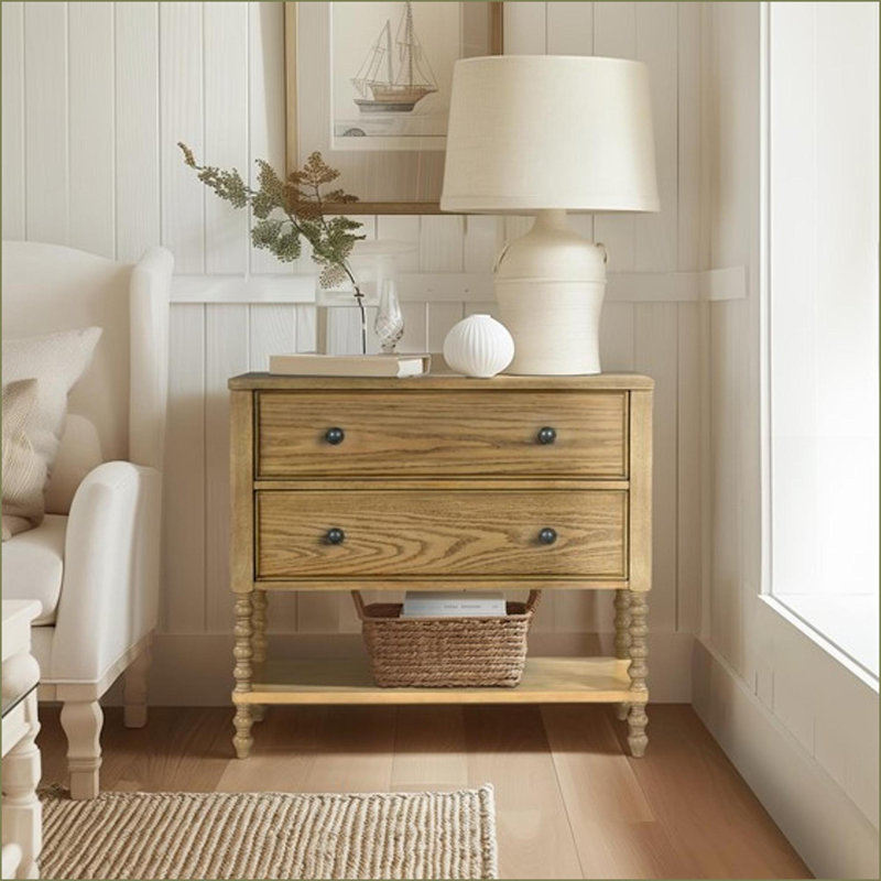 Commode décorative, 2 tiroirs chêne brun traditionnel | Placage de bois naturel | Pieds en bois massif