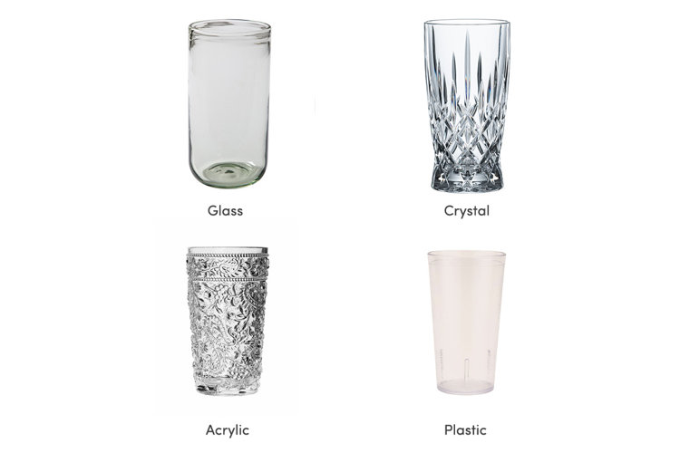 Labeled collage with pictures to show the differences between glass, crystal, acrylic, and plastic drinking glasses.