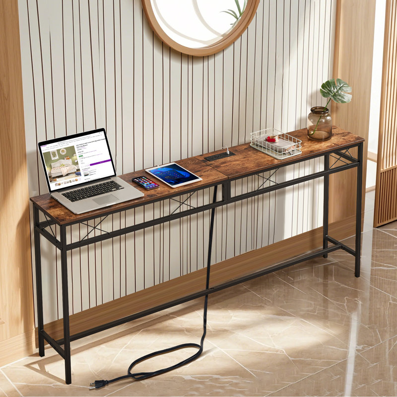 Ramsdell console table with built-in outlets, Brown, 31.5" H x 55.1" W x 11.8" D