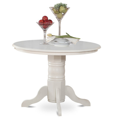 3 Piece Dining Room Furniture Set Contains a Round Kitchen Table with Pedestal and 2 Linen Fabric Dining Chairs, Linen White