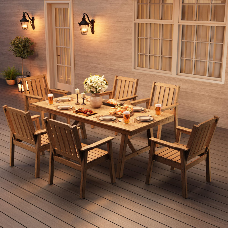 Table de salle à manger d'extérieur pour 4-6, table de salle à manger de jardin en PEHD de 66,9 po de long avec trou pour parasol, structure en aluminium, pieds triangulaires, imperméable, toutes saisons pour la cour, table de billard, table Natural Only