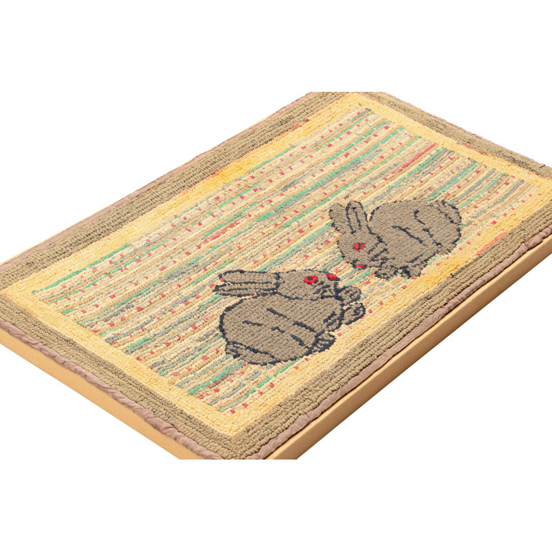Antique Hooked Rug In Colorful Twin Rabbit Pictorial - Rug & Kilim