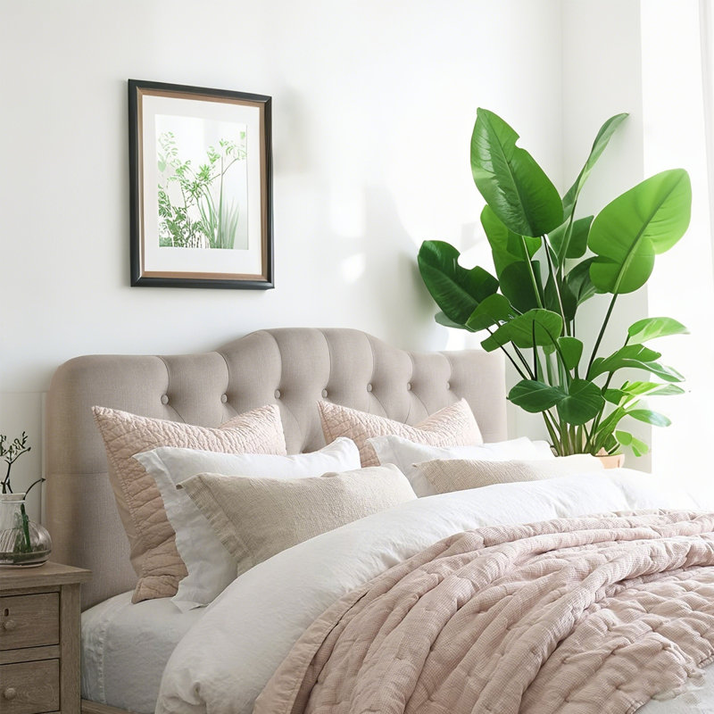 Tête de lit à hauteur réglable avec revêtement en lin et capitonnage pour la chambre à coucher, Beige, Très grand lit