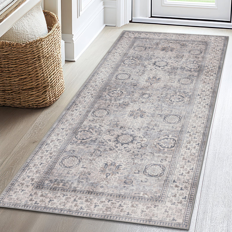 Nel Paz Border Beige Gray Ivory Machine Washable Area Rugs, Runner 2'6" x 10'