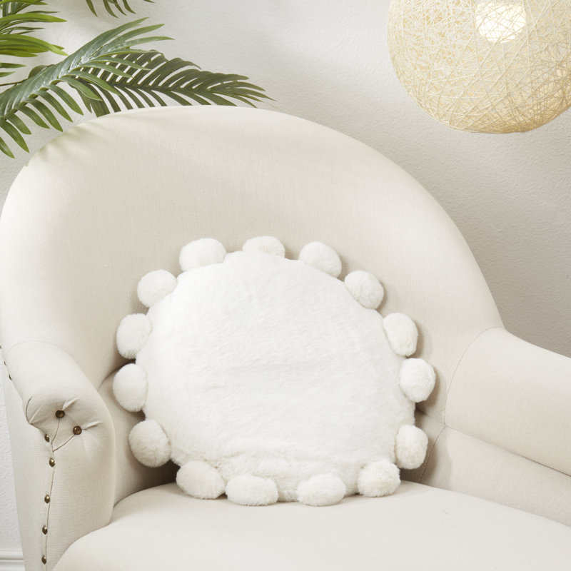 White Round Faux Fur Pom Pom Throw Pillow
