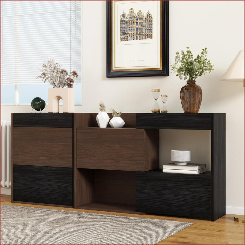Ensemble de 2 armoires, noir moderne et amp; Armoire de rangement rotative à rallonge en noyer brun avec tiroirs, buffet en panneau de fibres à densité moyenne P2 pour hall d'entrée de salon | Bois d'ingénierie, panneau de fibres à densité moyenne | Couloirs