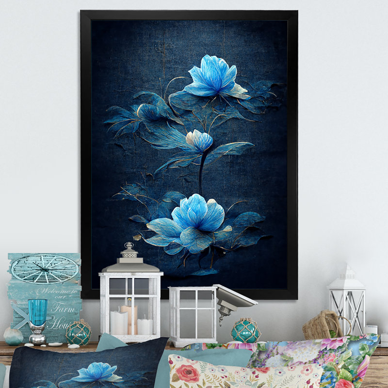 Fleurs rétro bleu clair chinois II - reproduction sur toile, Cadre photo noir, H 32 po x l 24 po x P 1 po