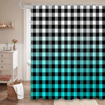 Aqua Ombre Buffalo Check Plaid Blue Shower Curtain with 12 Hooks