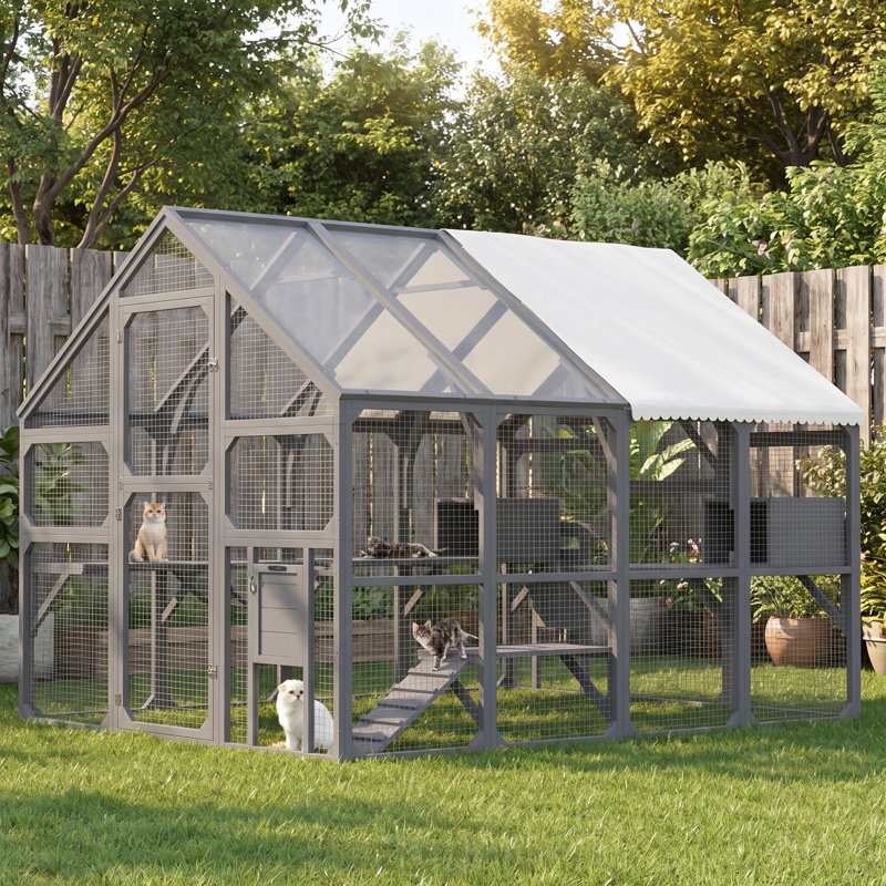 Spacieuse cage d'extérieur en bois pour chat - Maison pour chat à plusieurs niveaux avec 7 plateformes, 2 condos et une porte pour plusieurs chats
