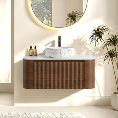 Meuble-lavabo de 36 po avec lavabo, armoire murale en noyer avec porte-serviettes gratuit, lavabo simple en céramique blanche de Carrare, sans drain et robinet, pré-assemblé
