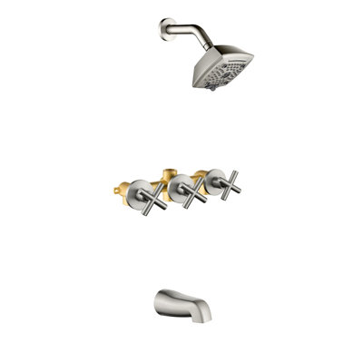 Wall Mount Shower System With Tub Spout 5 Inch Shower Faucet Set Brass 3 Handle Shower Trim Kit With Rough-In Valve
