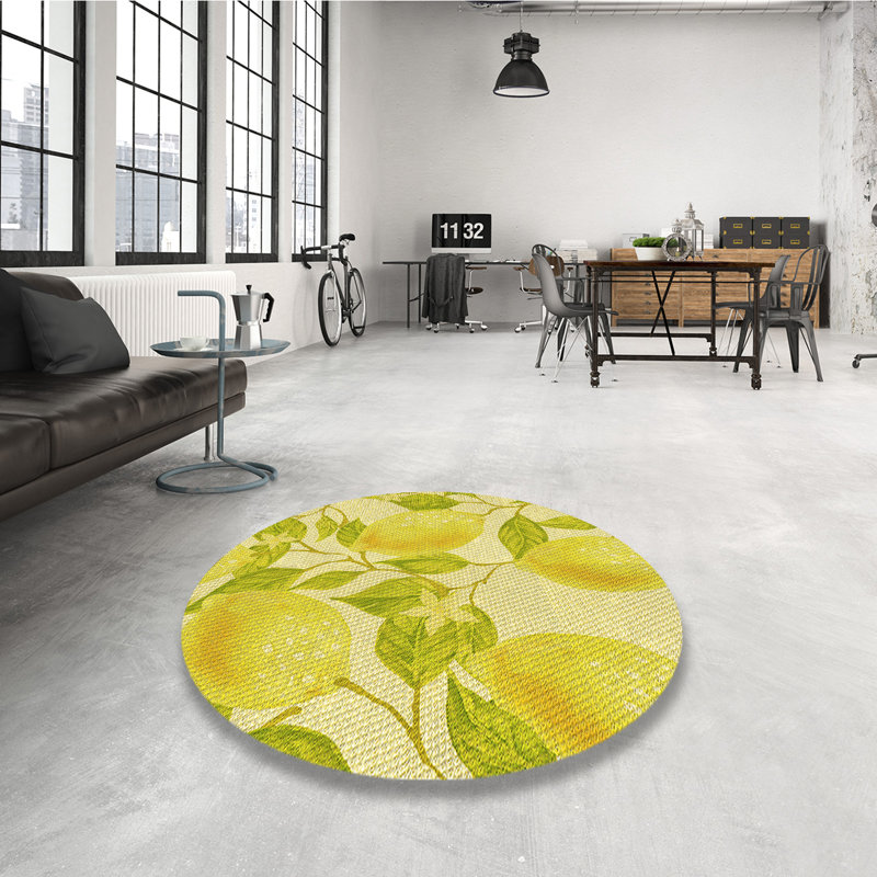Tapis vert/jaune en laine, Rond 6 pi
